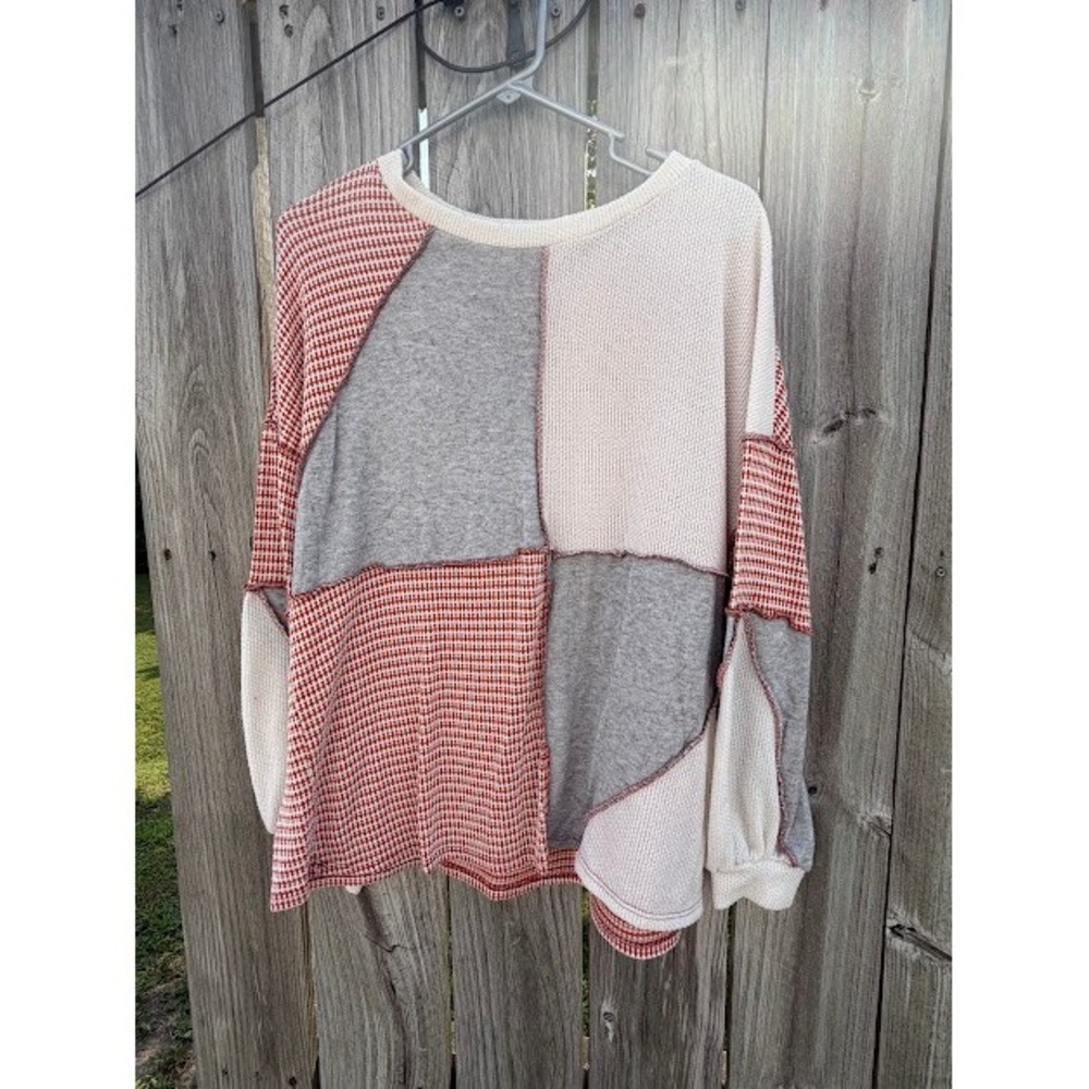 Boho Patchwork Haptics Top Large Red Grey Cream Waffle Knit Houndstooth Raw Edge